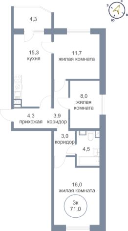 3-комн.кв., 71 м², этаж 2