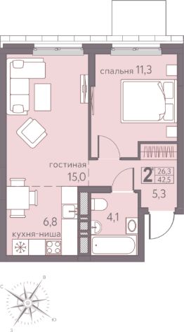 2-комн.кв., 43 м², этаж 2