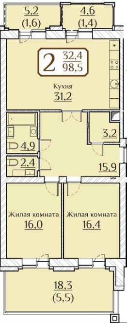 2-комн.кв., 115 м², этаж 1