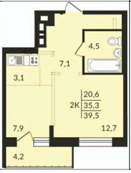 2-комн.кв., 40 м², этаж 2