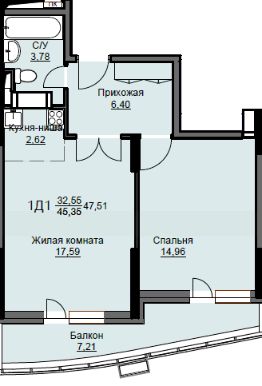 1-комн.кв., 48 м², этаж 13