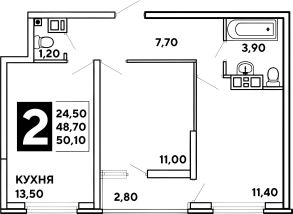 2-комн.кв., 52 м², этаж 14