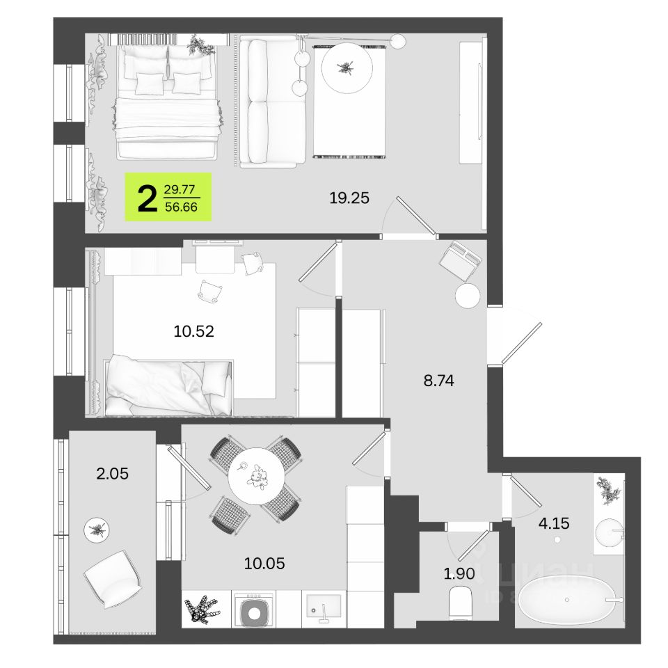 Продаю двухкомнатную квартиру 56,7м² ул. Акназарова, 20, Уфа, Башкортостан  респ. - база ЦИАН, объявление 293890070