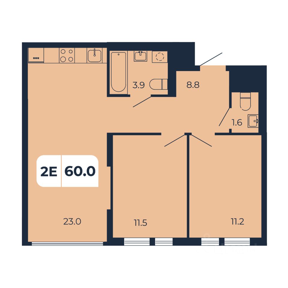 2-комн.кв., 60 м², 2/17 этаж