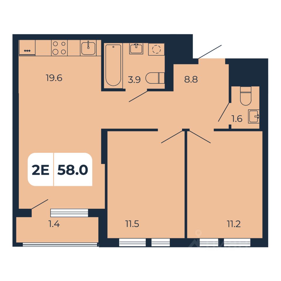 2-комн.кв., 58 м², 13/17 этаж