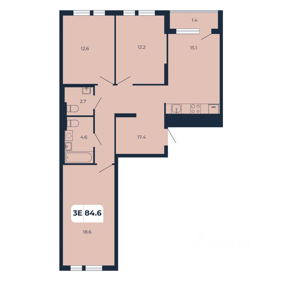 3-комн.кв., 84,6 м², 6/17 этаж