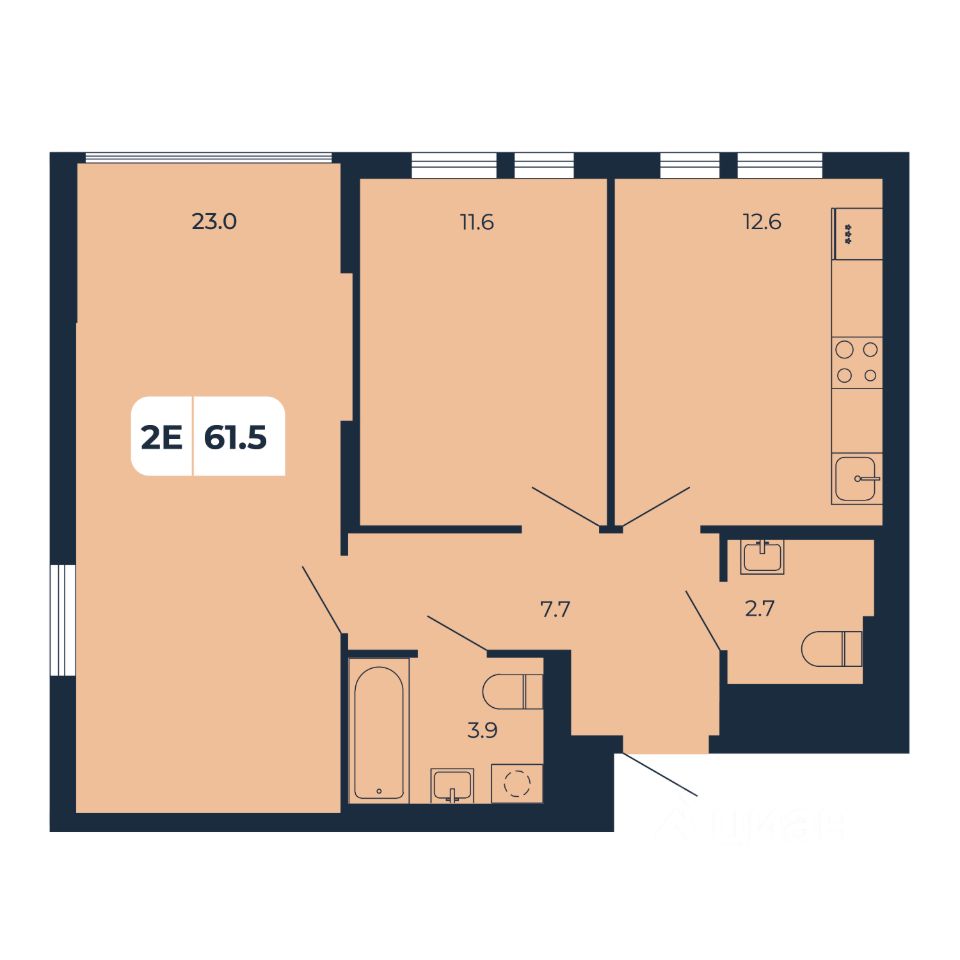 2-комн.кв., 61,5 м², 1/17 этаж