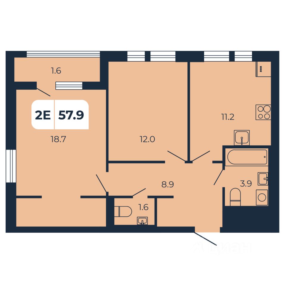 2-комн.кв., 57,9 м², 17/17 этаж