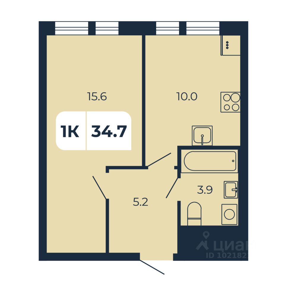 1-комн.кв., 34,7 м², 6/17 этаж