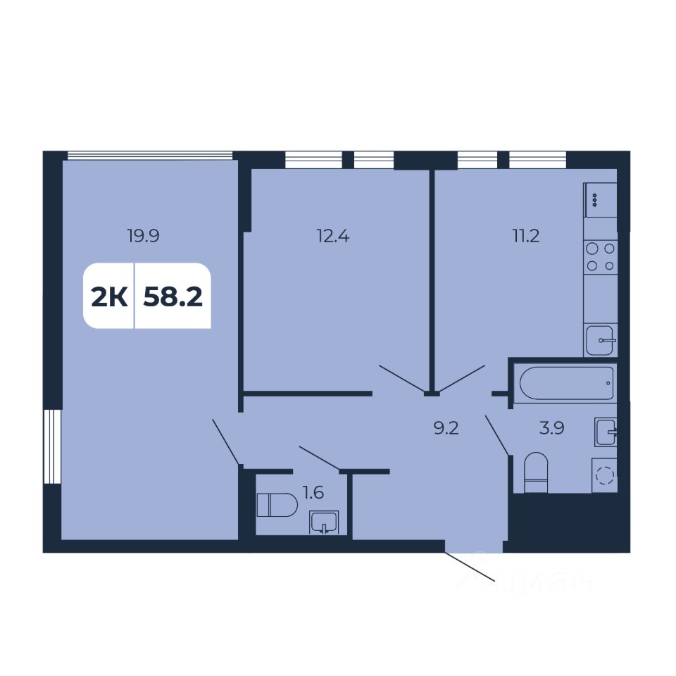 2-комн.кв., 58,2 м², 2/17 этаж