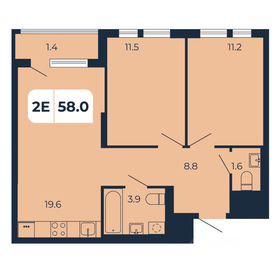 2-комн.кв., 58 м², 11/17 этаж