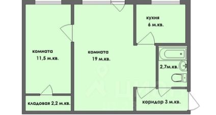 2-комн.кв., 45 м², этаж 1