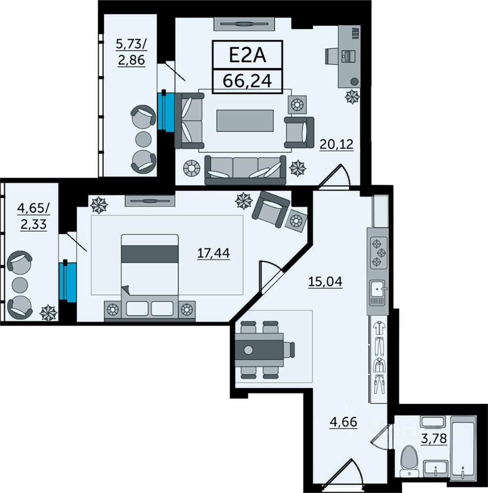 Продажа двухкомнатной квартиры 66,2м² Ворошиловский просп., 82/4,  Ростов-на-Дону, Ростовская область - база ЦИАН, объявление 244362355