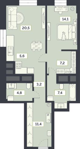 2-комн.кв., 74 м², этаж 16