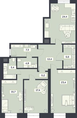 3-комн.кв., 125 м², этаж 2