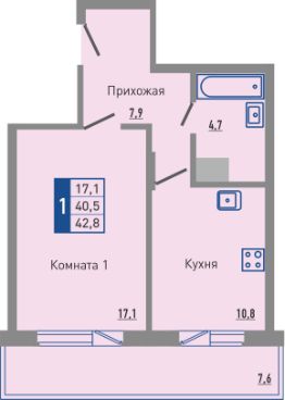 1-комн.кв., 43 м², этаж 19