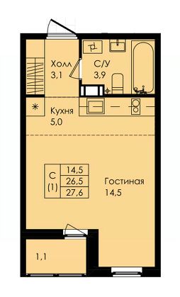 студия, 28 м², этаж 7