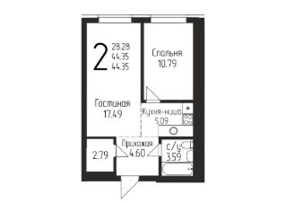 2-комн.кв., 44 м², этаж 4