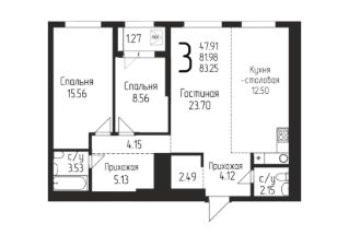 3-комн.кв., 83 м², этаж 16