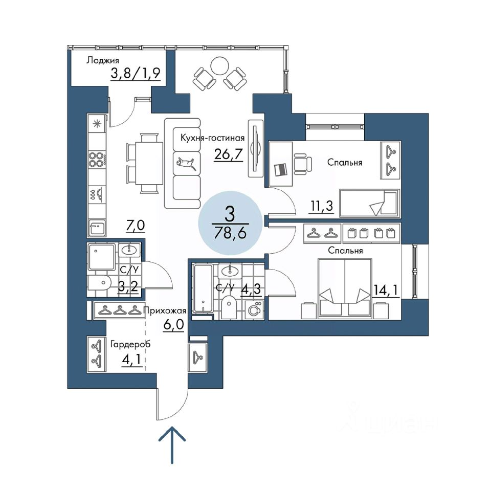 Купить трехкомнатную квартиру 78,6м² Красноярск, Красноярский край,  Пашенный микрорайон - база ЦИАН, объявление 294152250