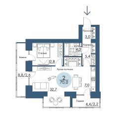 2-комн.кв., 70 м², этаж 17