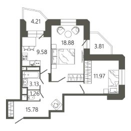 2-комн.кв., 65 м², этаж 16