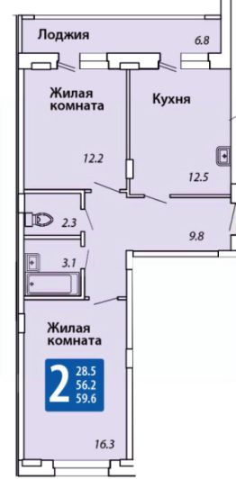 2-комн.кв., 60 м², этаж 1