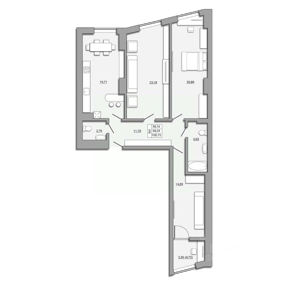 Купить трехкомнатную квартиру 101,8м² Береговая ул., 73с2, Ростов-на-Дону,  Ростовская область - база ЦИАН, объявление 285295641