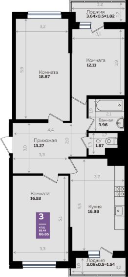 3-комн.кв., 87 м², этаж 10