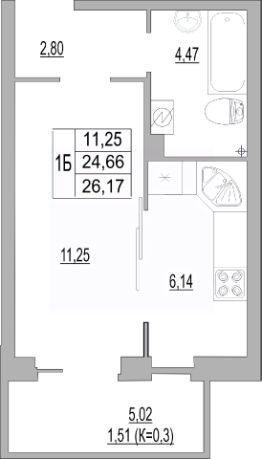 студия, 26 м², этаж 1