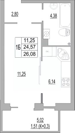 студия, 26 м², этаж 2