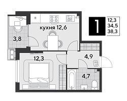 1-комн.кв., 38 м², этаж 2