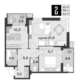 2-комн.кв., 66 м², этаж 4
