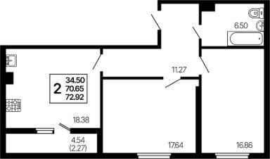 2-комн.кв., 73 м², этаж 6