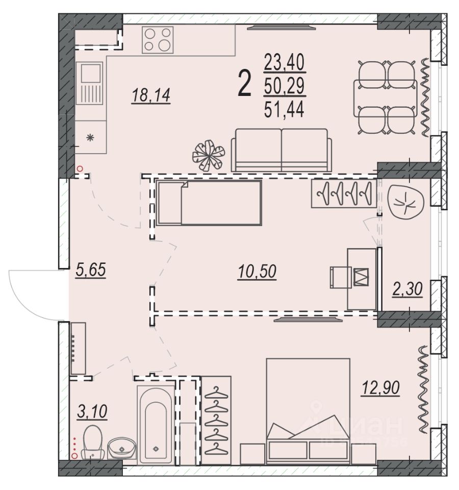 Купить двухкомнатную квартиру 51,4м² ул. 35-й Гвардейской Дивизии, 19,  Волгоград, Волгоградская область - база ЦИАН, объявление 294463926