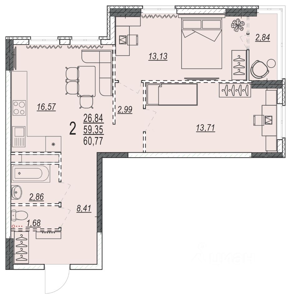 Купить двухкомнатную квартиру 60,8м² ул. 35-й Гвардейской Дивизии, 19,  Волгоград, Волгоградская область - база ЦИАН, объявление 294464100