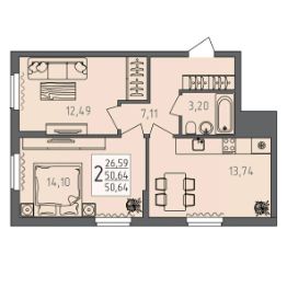 2-комн.кв., 51 м², этаж 1