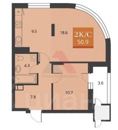 2-комн.кв., 51 м², этаж 9