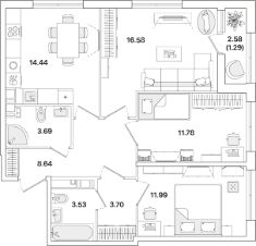 3-комн.кв., 76 м², этаж 12