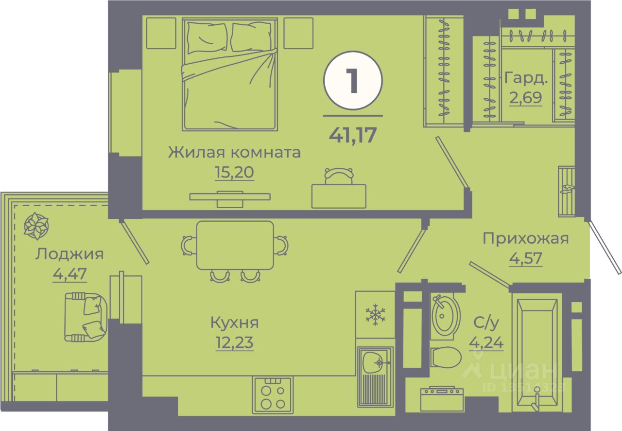 1-комн.кв., 40,8 м², 24/24 этаж