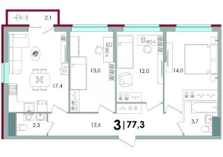 3-комн.кв., 77 м², этаж 16