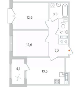 2-комн.кв., 54 м², этаж 3