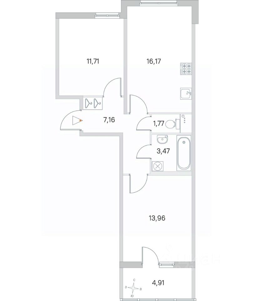 Продается2-комн.квартира,55,71м²