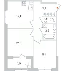 2-комн.кв., 52 м², этаж 1