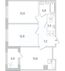 2-комн.кв., 54 м², этаж 1