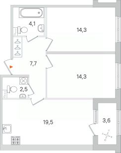 2-комн.кв., 64 м², этаж 1