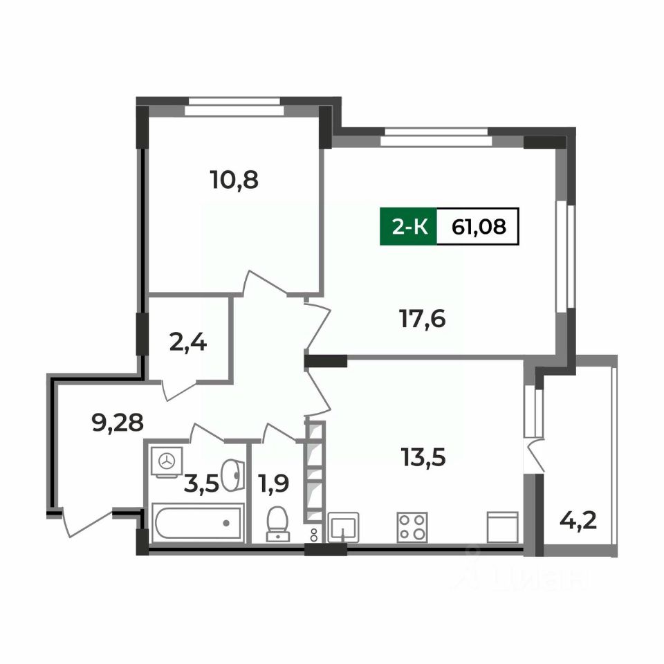 Продажа двухкомнатной квартиры 61,1м² ул. Зои Космодемьянской, 28/1, Ковров,  Владимирская область, Ковровский район - база ЦИАН, объявление 294659818