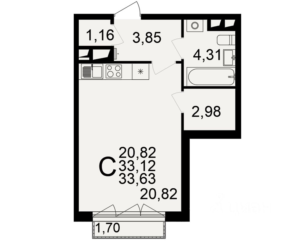1-комн.кв., 33,6 м², 18/18 этаж