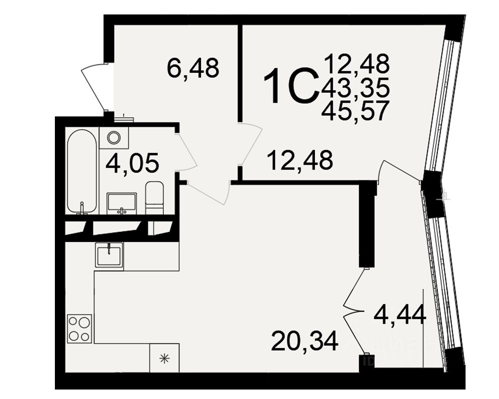 1-комн.кв., 45,6 м², 7/18 этаж