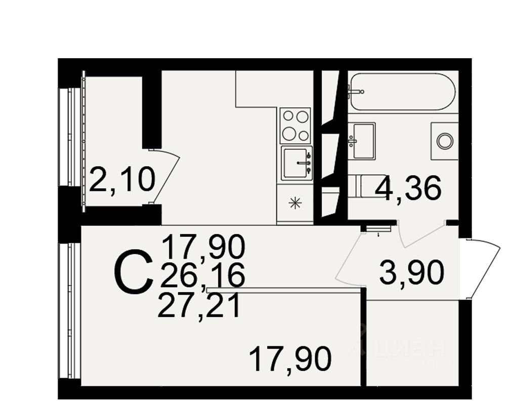 1-комн.кв., 27,2 м², 16/18 этаж
